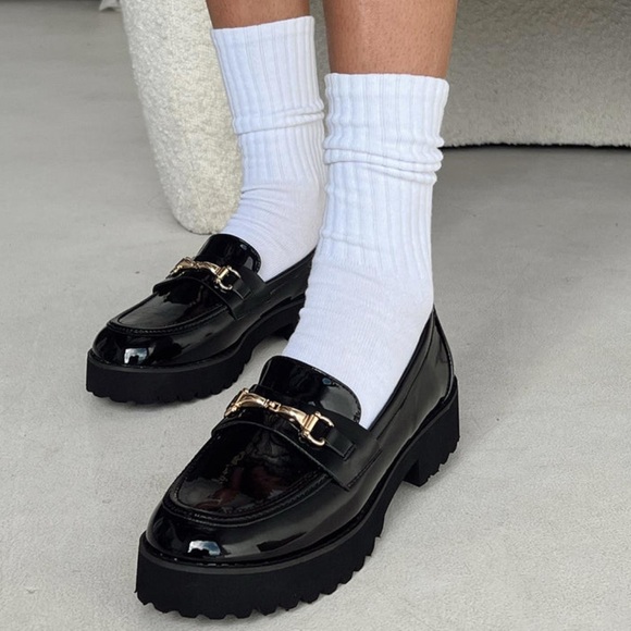 Princess Polly Black Loafers with Gold Accent - Picture 1 of 13